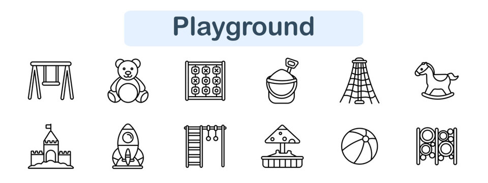 Playground set icon. Swing, teddy bear, tic tac game, sandbox bucket, climbing net, rocking horse, castle, rocket toy, ladder bars, carousel, ball, climbing frame. Children play area visuals