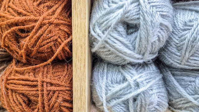 Wool yarn balls in wooden divider, contrasting colors and texture. Concept: knitting supplies