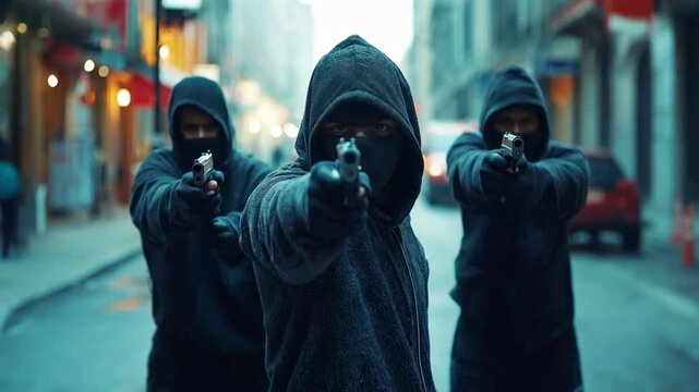 Masked gangsters in hoodies aiming handguns at the viewer in an urban street