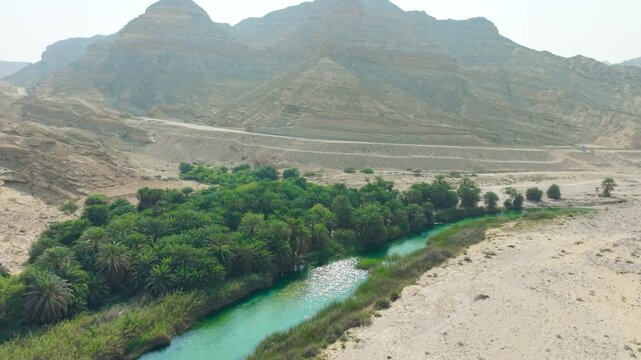 Aerial view of a turquoise river flowing through a lush green palm tree oasis at the base of arid desert mountains in Oman.
