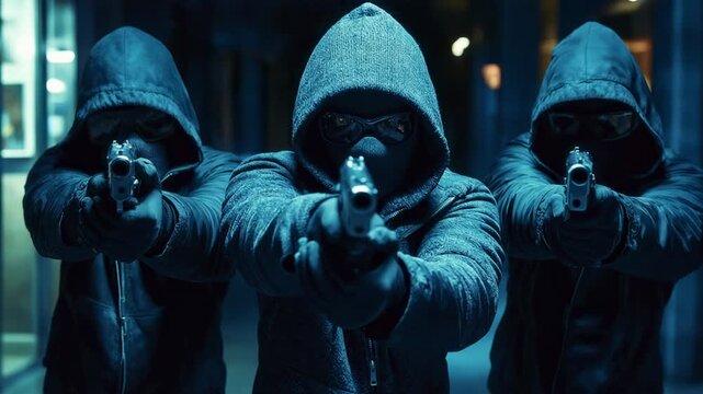 Dangerous hooded robbers with masks and guns pointing towards the camera in a menacing way