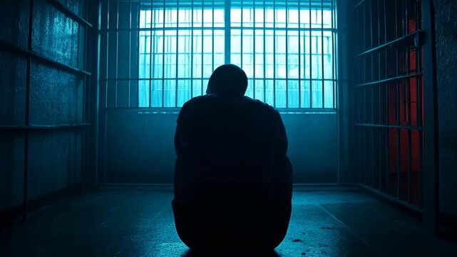 Somber silhouette of an inmate sitting alone on the floor of a dark and gritty prison cell