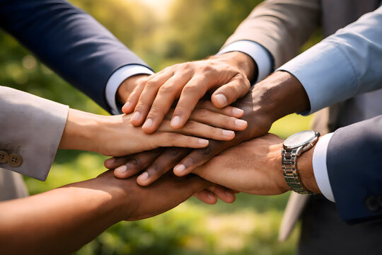 Diverse business team stacking hands together outdoors in sunlight, symbol of teamwork, unity, and collaboration