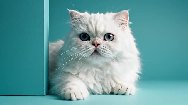 Close-up of a white Persian cat with large blue eyes and long whiskers peeking from behind a blue rectangular block against a solid teal studio background with copy space.