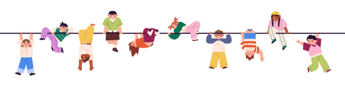 Banner design with border from happy kids hanging on horizontal bar. Cute children have fun on playground in summer. Child sport and active lifestyle. Flat isolated vector illustration on white