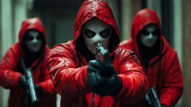 Criminal gang in red hoodies and masks aiming weapons during a robbery or hostage situation