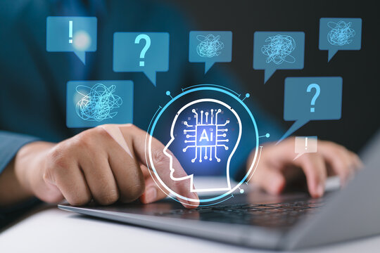 AI hallucinations and incorrect outputs concept with businessman using generative AI on laptop, representing false information, fabricated content, and risks in AI-generated results.