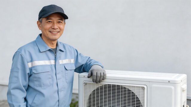 Man in work uniform next to air conditioner