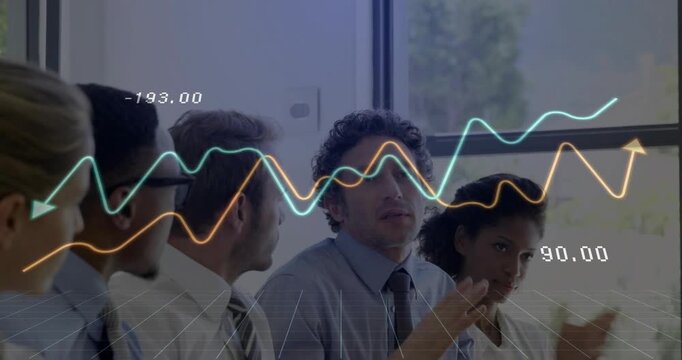 Reacting to animated chart, speaker wearing tie raising hand and talking in meeting, team clapping