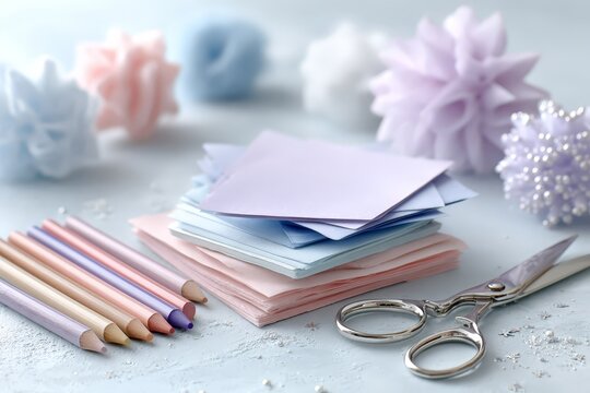 Pastel craft set with paper, scissors and pencils
