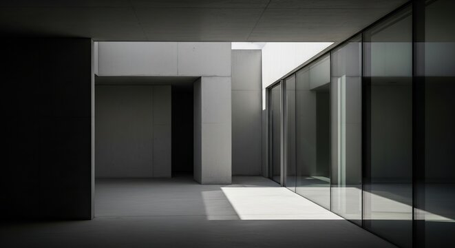 Minimalist architectural interior with natural light and shadows.