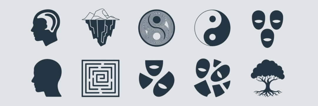 Subconscious mind exploration therapy icons &ndash; Great for shadow work journals, psychotherapy, or healing guides.