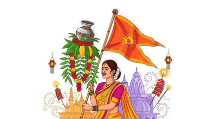 Obraz premium Vibrant Indian New Year celebration with a traditionally dressed woman holding a sacred Gudi and ceremonial flag, surrounded by festive decorations