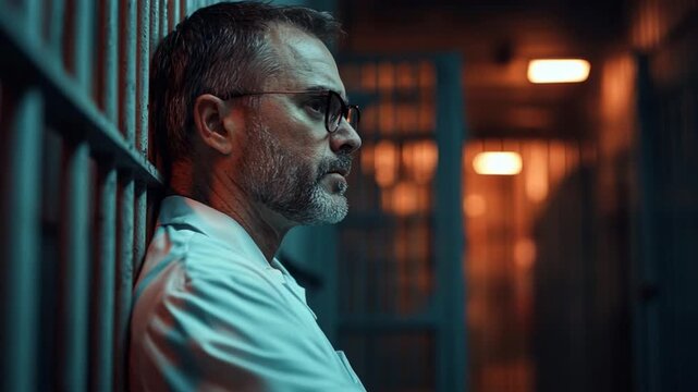 Inmate with a pensive expression leaning against the bars of his dark prison cell