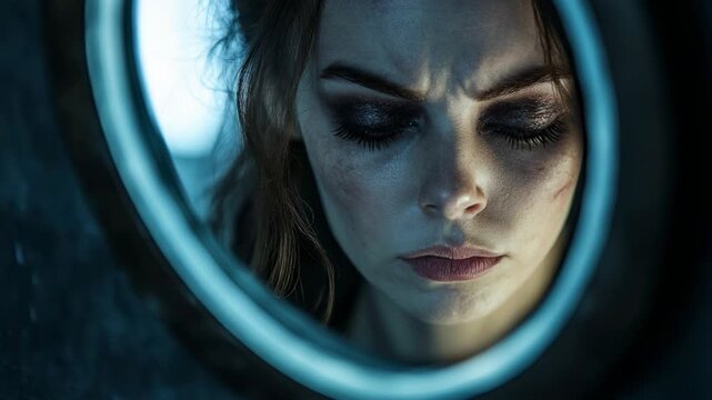 Close-up of a scared woman's face with scratches, looking through a spaceship porthole