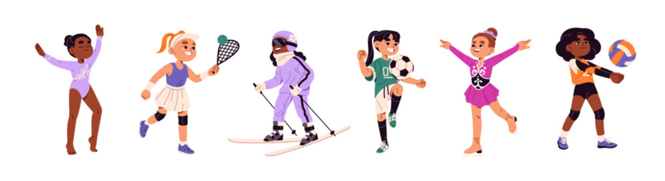 Set of little girls do sports. Happy children play different games: soccer, volleyball, big tennis. Kids do gymnastics, ice skating and skiing. Flat isolated vector illustrations on white background