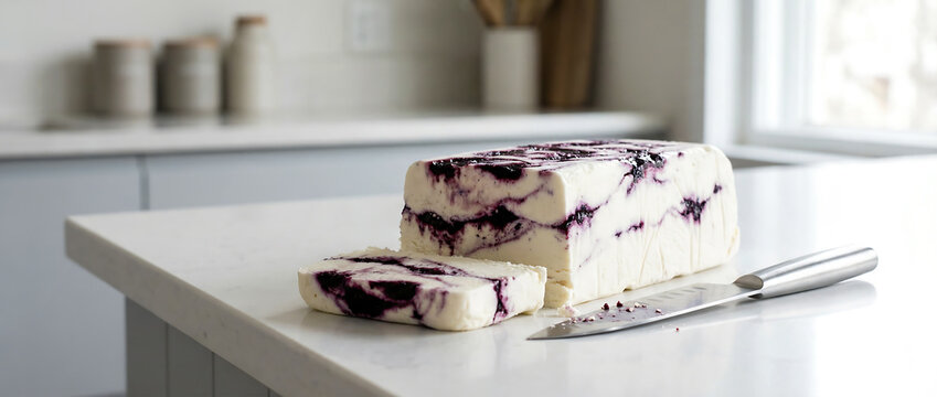 White Vegan Semifreddo with Deep Purple Swirl Marbling. Gourmet Sliced Frozen Dessert on Minimalist Kitchen Counter.