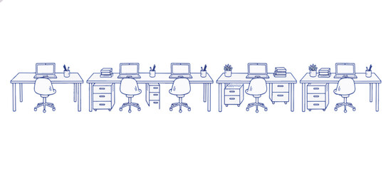 Fototapeta premium Clean office desks and workstations line art. Minimalist vector illustration of organized workspace. Avoidance and procrastination concept isolated on transparent background