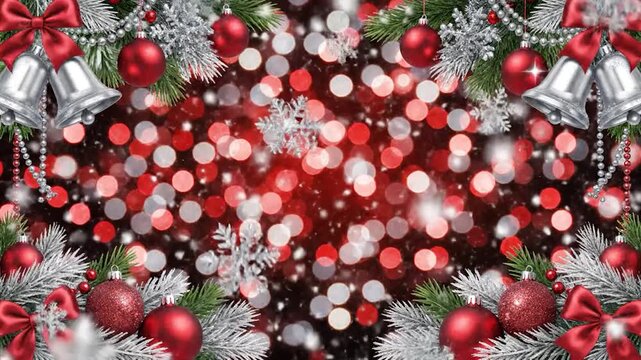 Festive holiday border with ornaments and bokeh lights