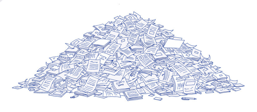 Overwhelming pile of messy documents and papers. Vector illustration of disorganized paperwork mountain. Hand-drawn line art concept of work backlog and procrastination