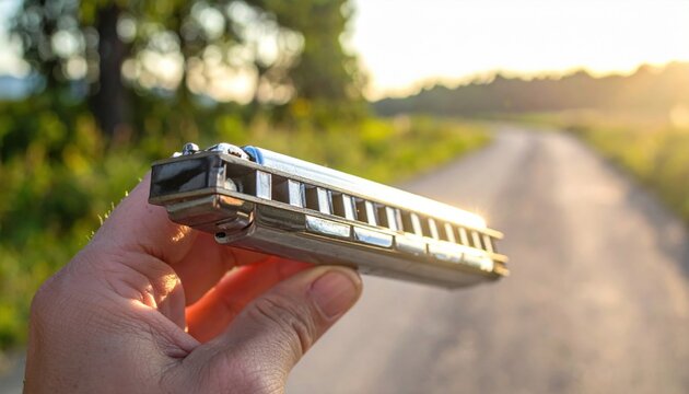 Silver harmonica held in hand on a sunny rural road, ready to play a melody