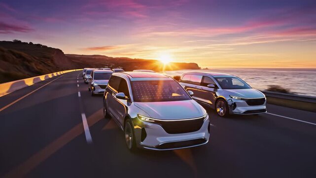 Modern cars glide effortlessly down a stunning coastal road, where vibrant hues of orange and purple in the sky meld with the shimmering ocean below. A perfect blend of movement and serenity.