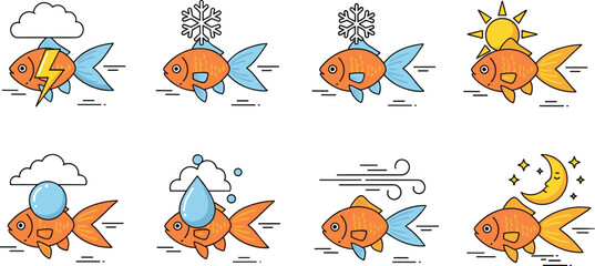 Naklejka premium Fish environmental effects illustration set showing temperature weather and day night changes impacting aquatic life in flat cartoon style isolated on white background