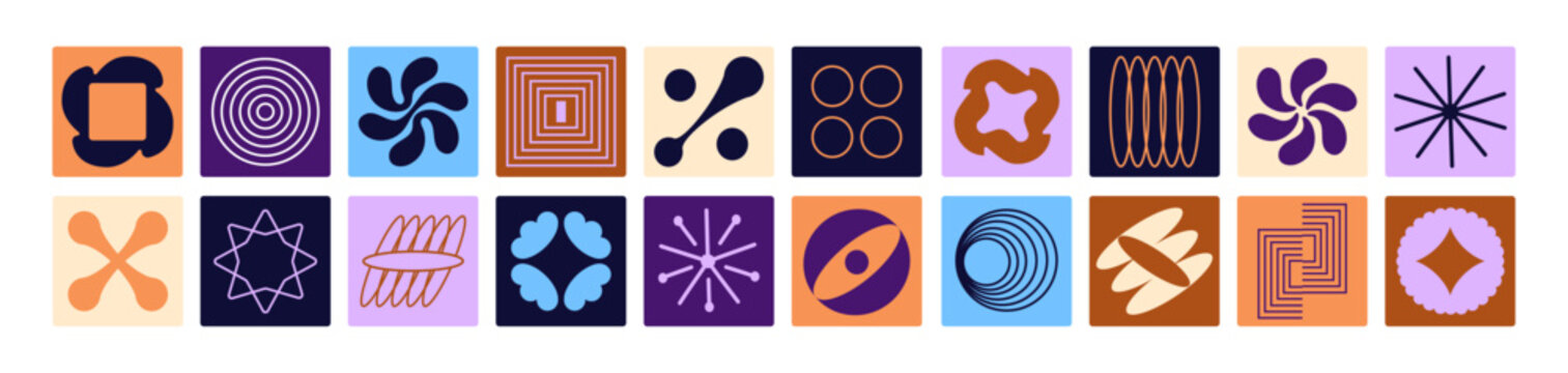 Set of abstract geometric elements, shapes in square frames. Collage in Brutalism style. Bauhaus icons, covers, retro badges with figures, forms, lines and curves. Flat isolated vector illustrations