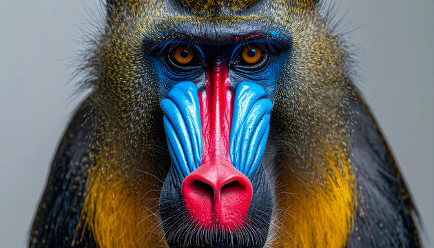 Extreme Macro Photography of a Mandrill&rsquo;s Vibrant Blue and Red Face