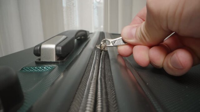 Dolly slider, close up. A Close-up of a zipper being closed, symbolizing the final step in packing for an exciting trip filled with exploration and new experiences.