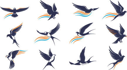 Flying bird logo set with swallow eagle and abstract wing icons dynamic modern branding collection isolated on white background © AdhinChandra