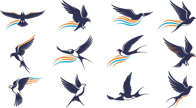 Flying bird logo set with swallow eagle and abstract wing icons dynamic modern branding collection isolated on white background