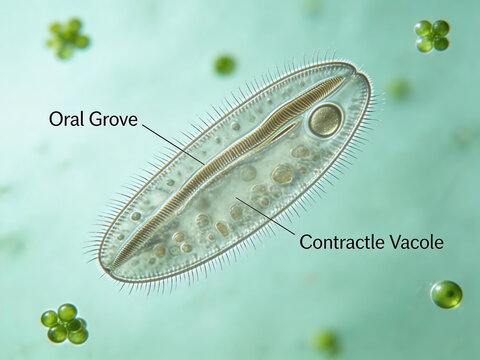 Micrograph of Paramecium caudatum, a protozoan shaped like a slipper, covered with cilia, and possessing oral grooves, contractile vacuoles, and intricate cellular structures.