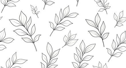 Fototapeta premium Seamless pattern featuring delicate hand-drawn botanical leaf branches in black outline on a clean white background, creating a natural and elegant design.