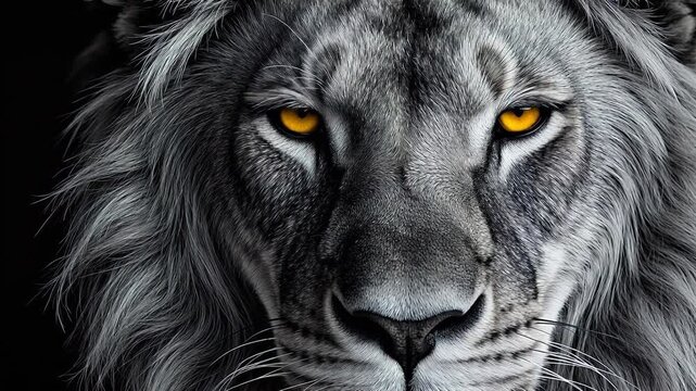 Majestic black and white lion portrait with piercing golden eyes, intense gaze, high-detail fur texture, dramatic lighting, wildlife photography art