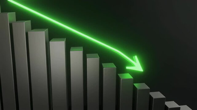 Green arrow shows declining business graph.