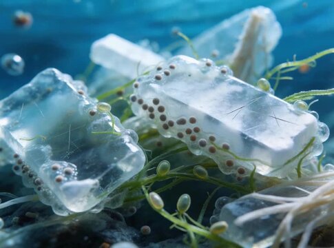 Microscopic view of microplastics in the ocean: biofilms, bacteria, and algae attached to plastic particles, which is an environmental pollution problem.