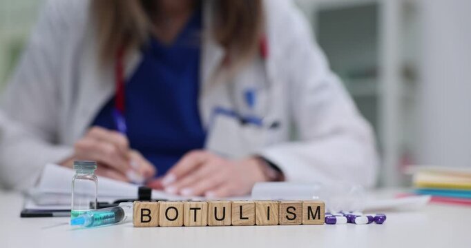 Wooden blocks spell word Botulism near vial and scattered tablets on desk. Doctor woman writes case notes checking antitoxin dose for paralysis risk
