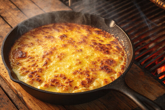 Provoleta grilled cheese in cast iron skillet over open BBQ flame