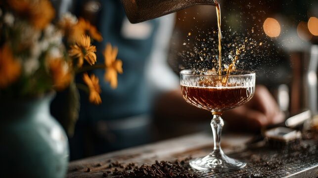 bartender pours amber cocktail into crystal coupe glass while coffee beans scatter on wooden bar and blurred flower vase sits in background