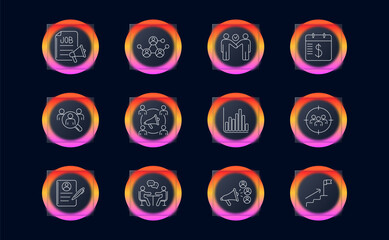 Naklejka premium Human resources management set icon. Linear recruitment hiring analytics collection with job document megaphone, network connection, team handshake, salary calendar, candidate search