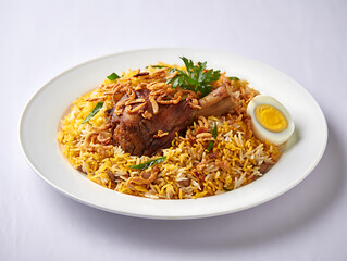 Fototapeta premium Kacchi biryani with bone in meat, crispy fried onion and boiled egg