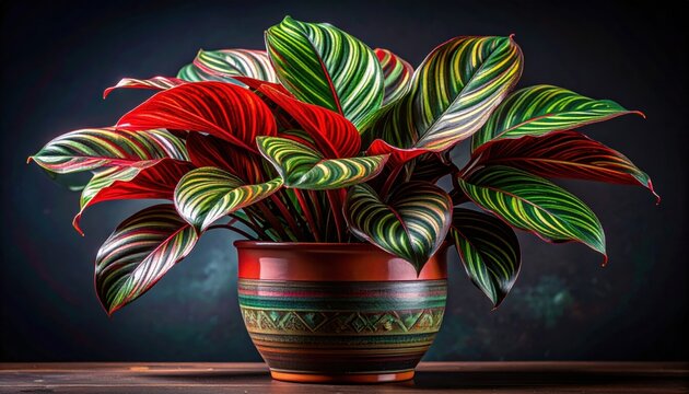 Vibrant red and green Calathea plant with striking striped leaves in a decorative patterned pot