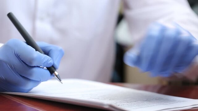 The doctor in his office writes documents with a pen in sterile gloves on his hands