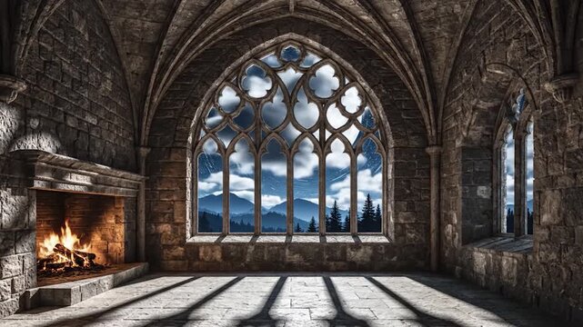 Gothic hall with a large window overlooking a mountainous landscape at night