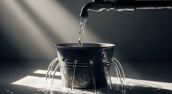 Leaking metal bucket under water tap, concept of resource waste and inefficiency, water flowing through holes in a rustic pail with dramatic lighting