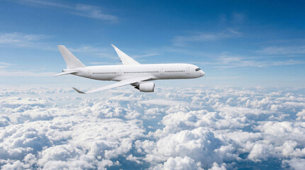 Obraz premium Rear perspective of white airplane commercial jet plane Airbus A350 cruising over fluffy clouds daytime aviation flight background transport travel aerospace industry long haul aircraft