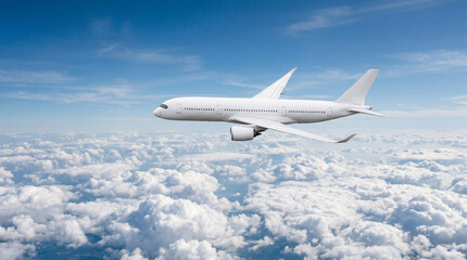 Fototapeta premium White airplane commercial jet plane Airbus A350 flying straight through sunny blue sky and white clouds minimalist aviation background travel industry commercial transport aerospace photography