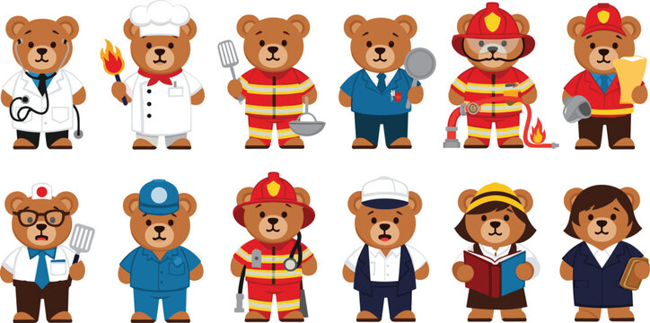 Cute teddy bear professions collection with doctor chef firefighter worker teacher police outfits colorful cartoon vector illustration set