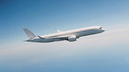 Obraz premium White airplane commercial jet plane Airbus A350 flying high above clouds under clear blue sky wide angle side view of modern aviation technology for travel and transportation business concept